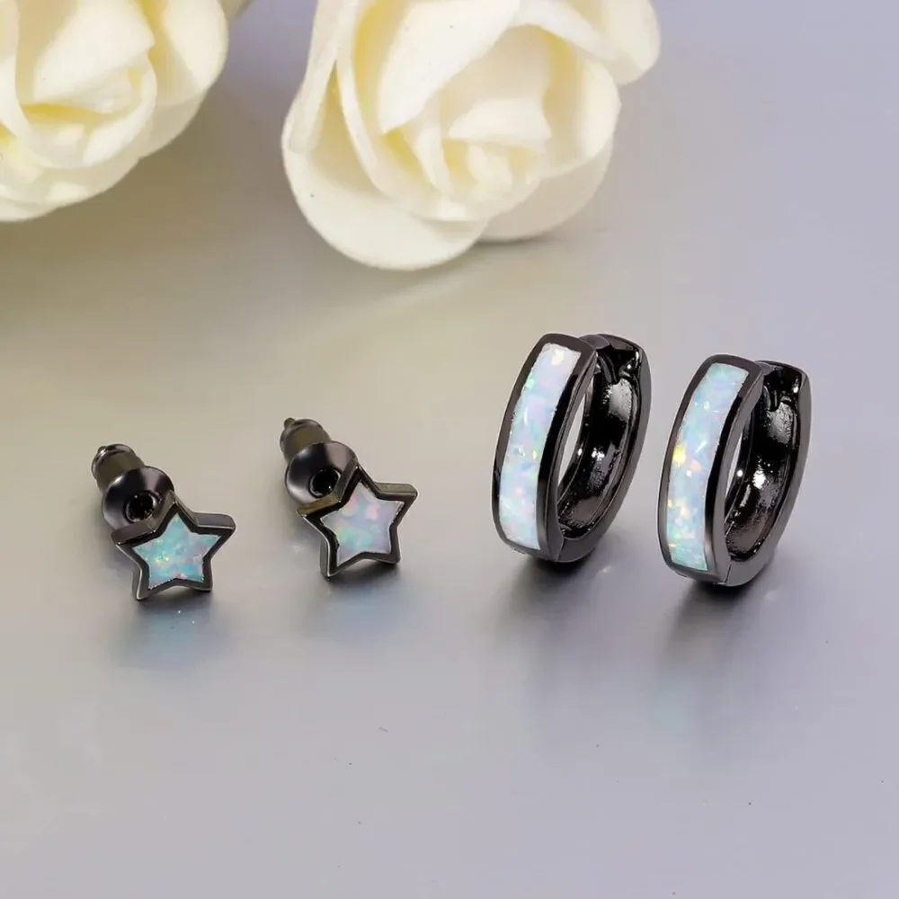 14K Black Gold with Genuine White Fire Opal Huggie Star Stud Earrings Set of 2